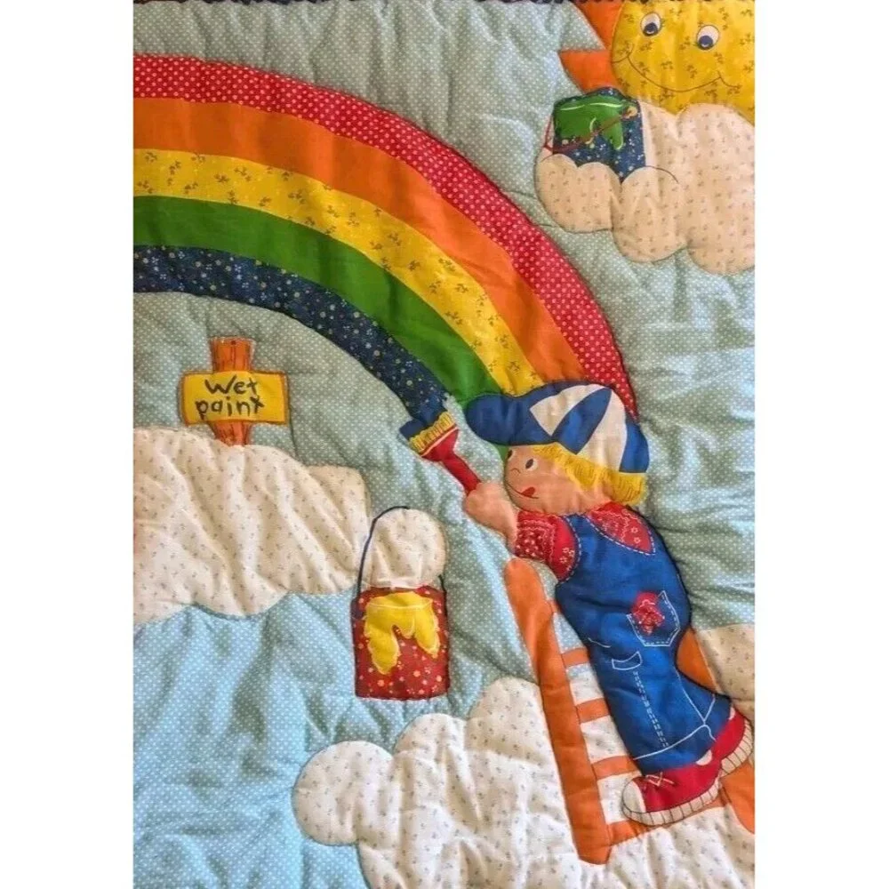 80s Wall Hanging Baby Quilt Rainbow Painter Artist Boy Primary Colors Decor Vtg